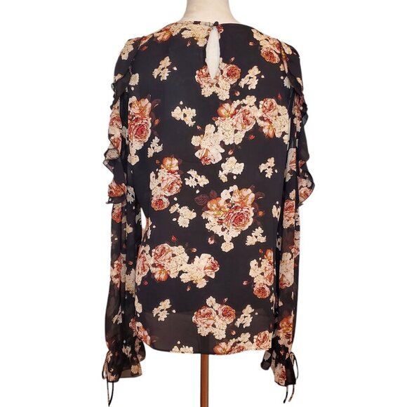 NWT ROSE & OLIVE SZ XL Floral Roses Pink Black Cold Shoulder Ruffles Blouse - Picture 5 of 7
